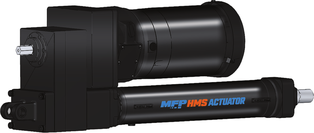The MFP HMS Actuator, a black electric roller screw actuator with its motor, gearbox and rod, branded MFP HMS Actuator