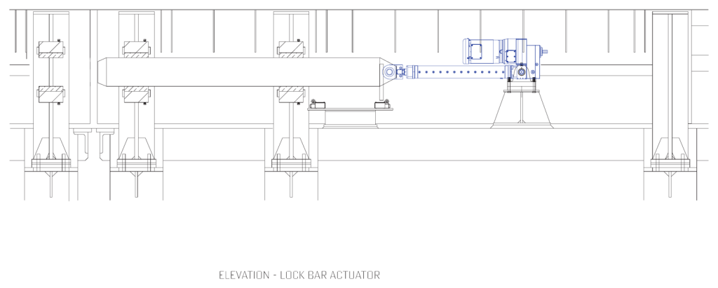 Elevation drawing of a span lock, with the MFP HMS Actuator driving the lock bar